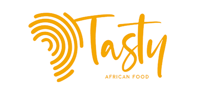 The image displays a vibrant orange toned background with the stylized text Tasty accompanied by a circular logo and the words African Food