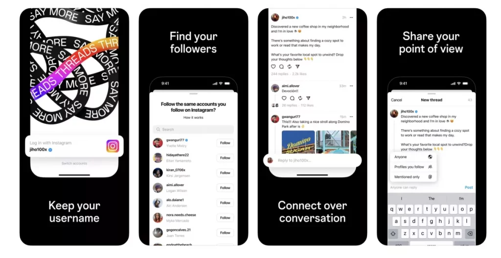 Four smartphone screens showing a social media app with text and image sharing features user interface elements and conversation threads