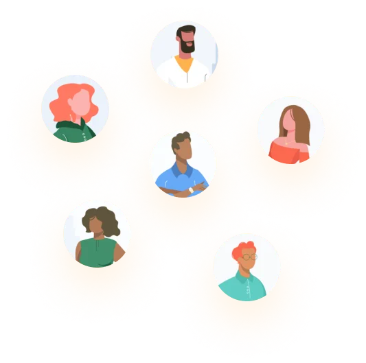 The image features illustrations of diverse people arranged in a circular pattern interconnected by golden lines symbolizing a network or community
