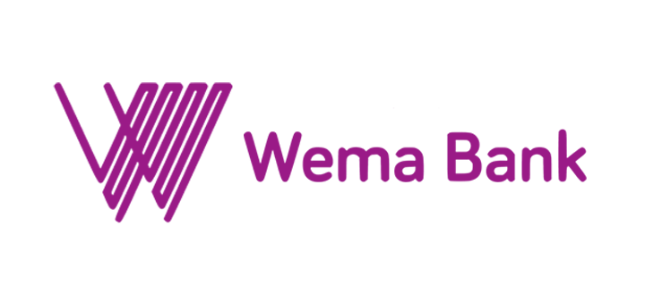 The image displays the logo of Wema Bank featuring a stylized W icon next to the banks name in purple color