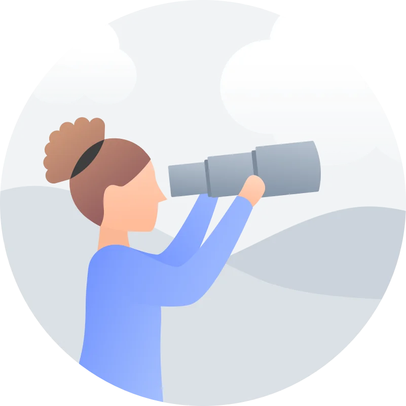 An illustrated woman with a bun looking through binoculars with stylized clouds in the background