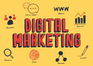 The image displays colorful icons and text related to digital marketing concepts like social media and SEO on a yellow background