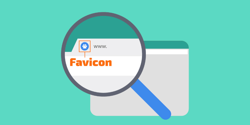 A magnifying glass focusing on a browser tab displaying the word'Favicon' against a green background.